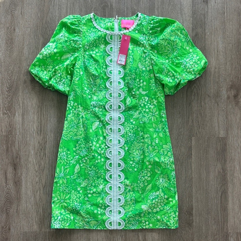 NWT Lilly Pulitzer Alyce Elbow Sleeve Stretch Cotton Shift Dress Limeade 10