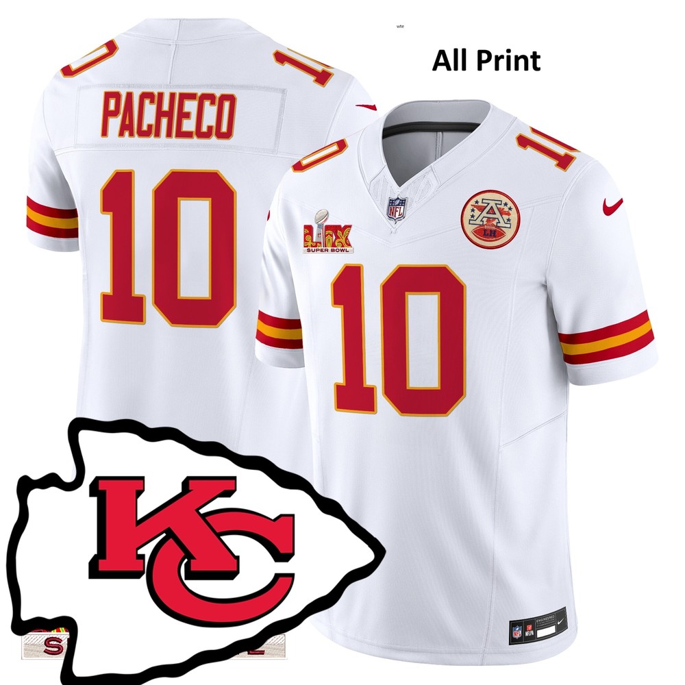Kansas City Chiefs Super Bowl LIX Isiah Pacheco #10 Football Jersey – All Print Options