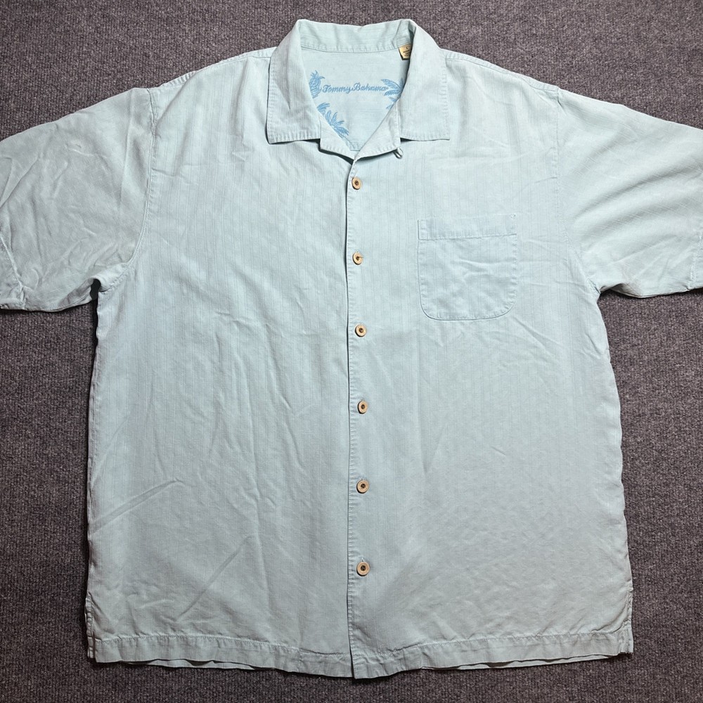 Tommy Bahama Mens Large Teal Blue 100% Silk Short Sleeve Button Up Camp Shirt