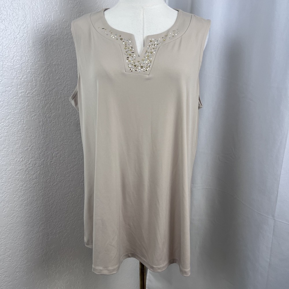Susan Graver Tank Top Womens 1X Beige Liquid Knit Embellished Career Layering