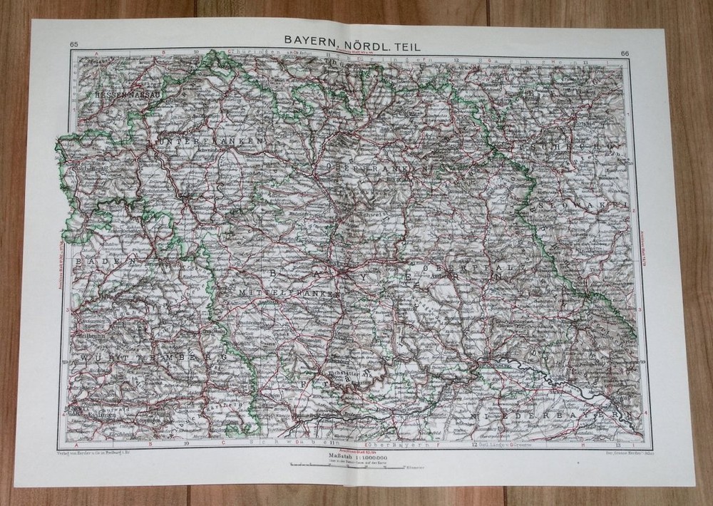 1932 Original Vintage Map Of Northern Bavaria Nuremberg Nuernberg / Germany