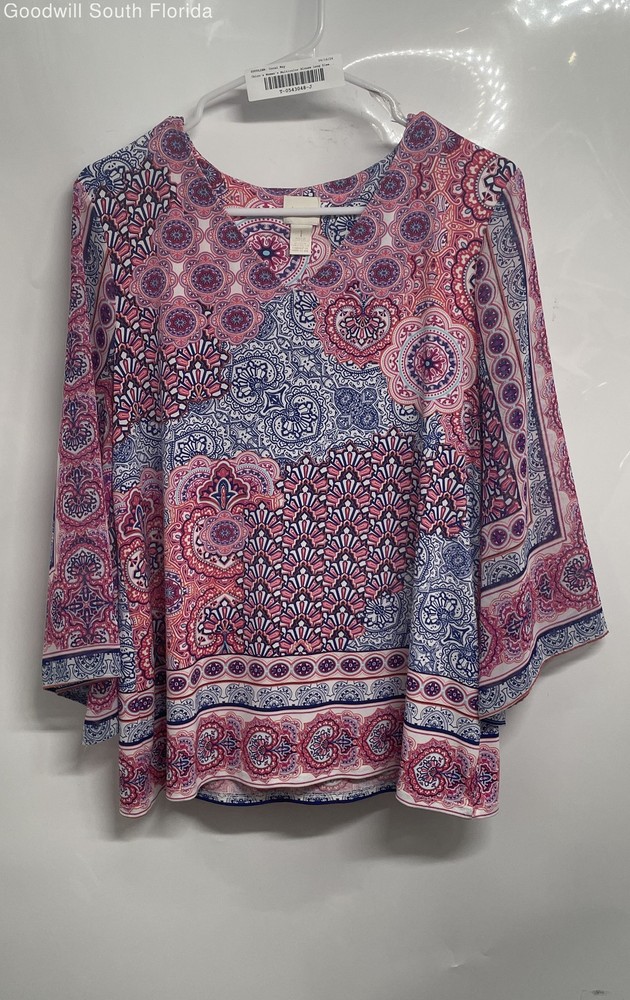 Chico's Womens Multicolor Printed 3/4 Kimono Sleeve V-Neck Blouse Top Size 1