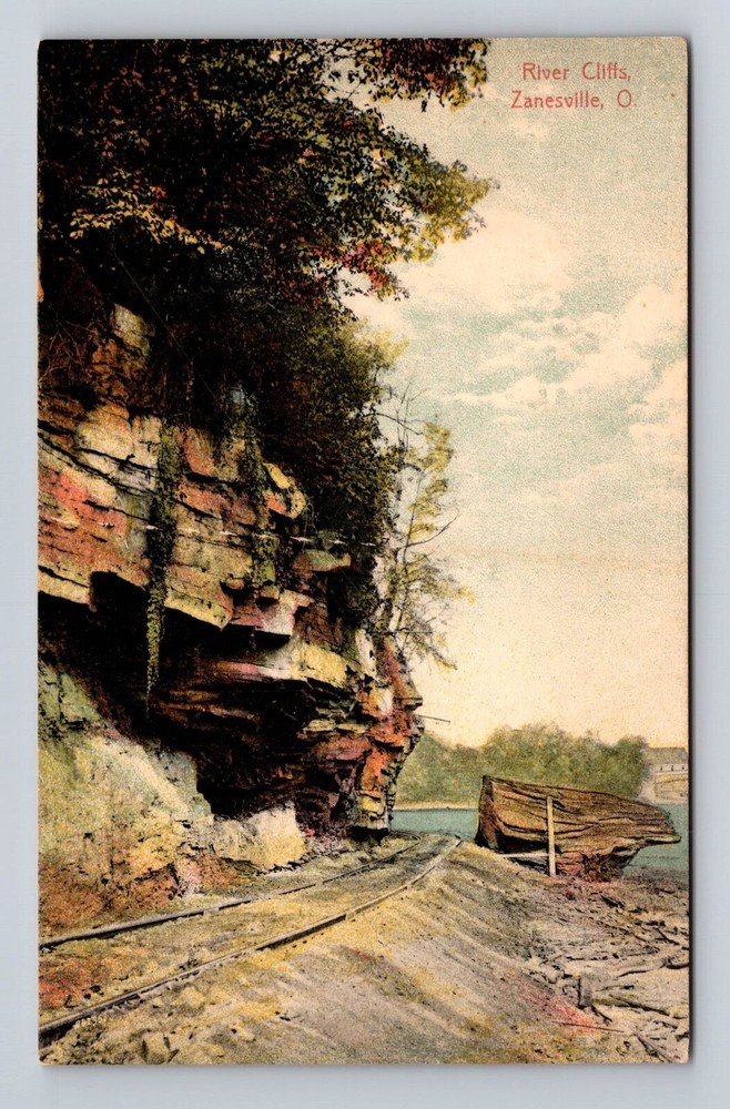 Zanesville OH-Ohio, Scenic River Cliffs, Railway, Vintage Postcard