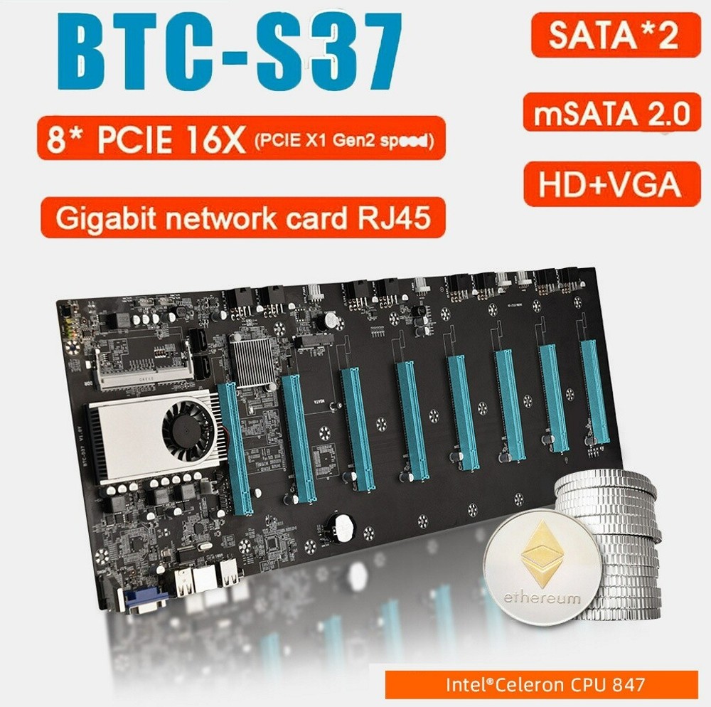 BTC-S37 ETC Miner Motherboard 8GPU 8 PCIE x16 Graphics Card w/ Cpu DDR3 VGA HDMI