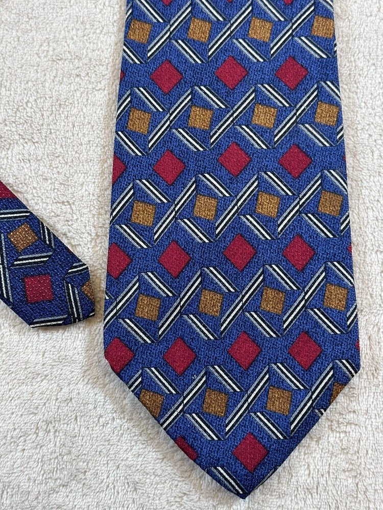 Barbara Blank New York Mens Necktie Tie Blue Geometric Pattern All Silk Handmade
