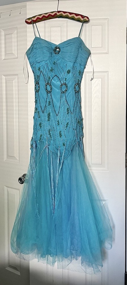 Vtg Blue Silk Prom Dress Beaded Enchanted Fairy Whimsical Sirencore Gown Y2k