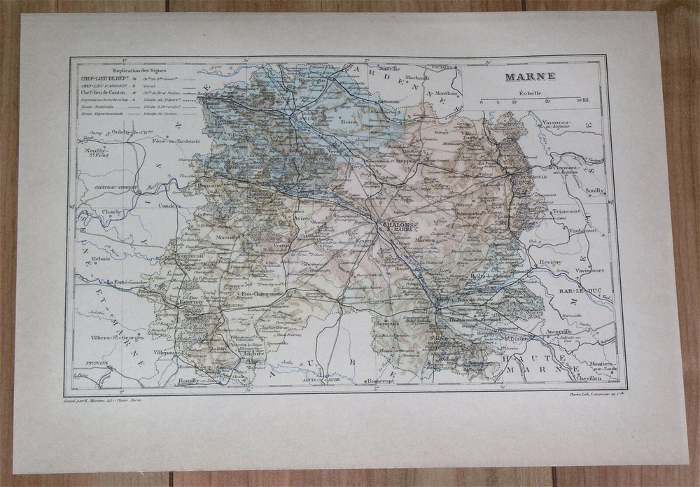 1887 Antique Original Map Of Department Of Marne Chalons / France