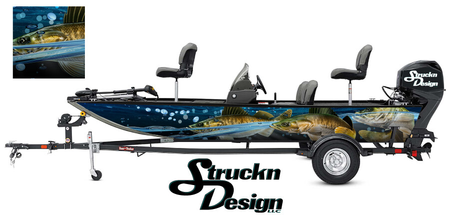 Water Realistic Walleye Boat Wrap Abstract Vinyl Graphic Decal Kit Fish Fishing-image