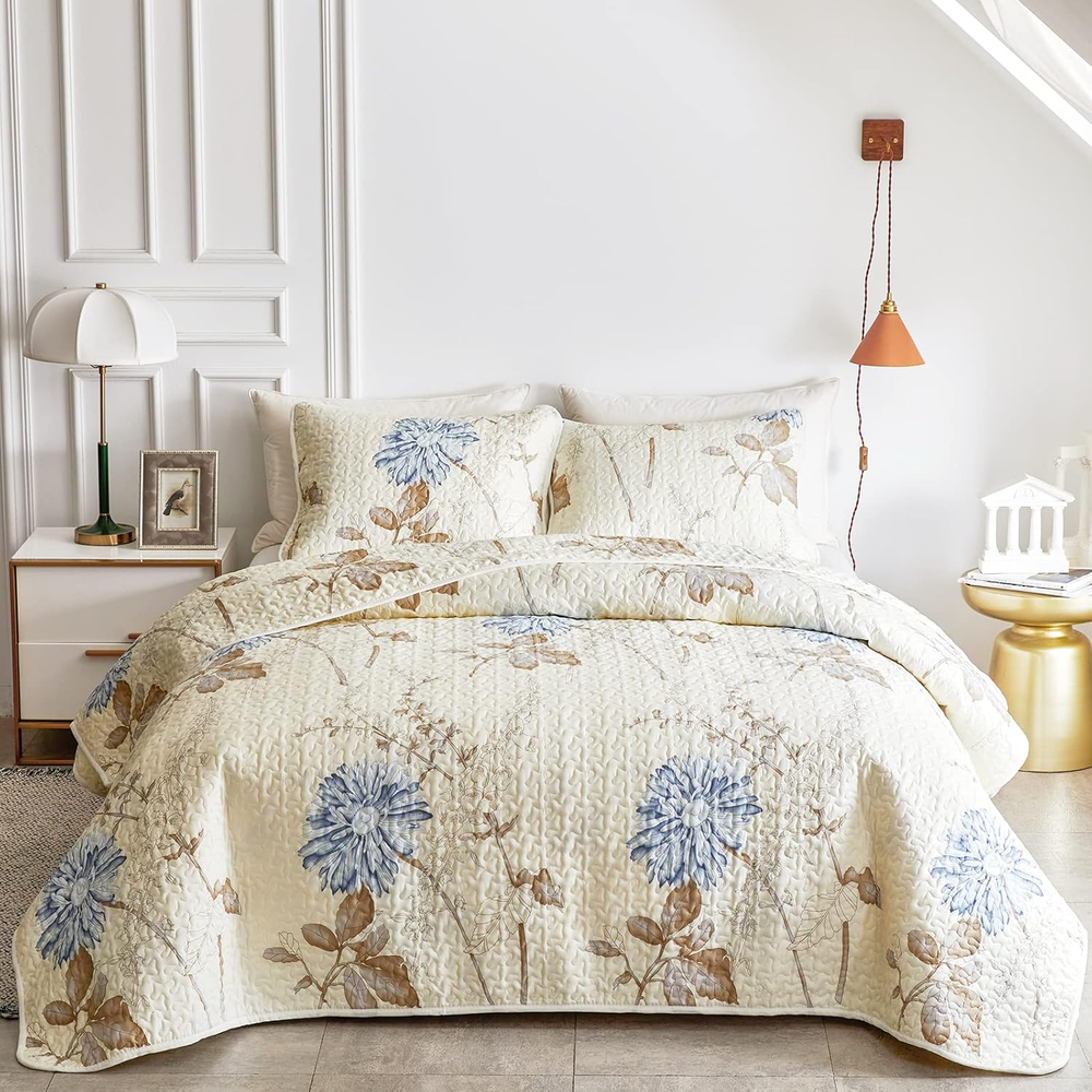 3 Pieces Microfiber Quilt Set, Elegant Flower Botanical Reversible Design, Bedsp