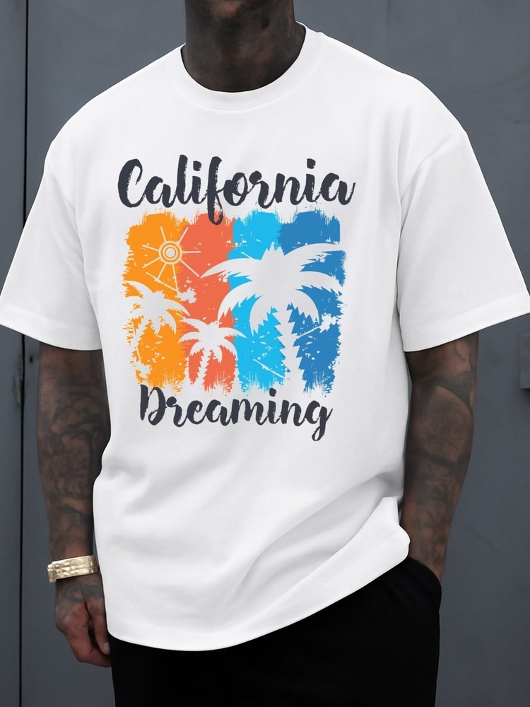 Men Short Sleeve T-Shirt Round Neck Comfortable Pure Cotton Tees Coconut Tree ♪