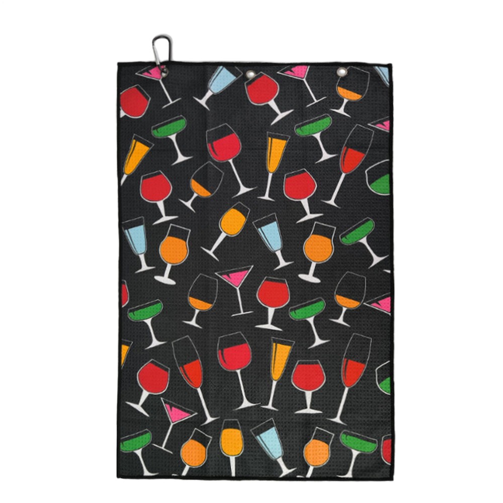 Golf Towel with Carabiner Clip Wine Glass Print Ball and Hand Cleaner