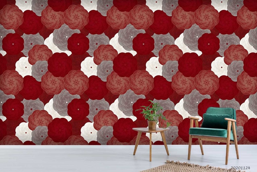 3D Red White Floral Pattern Wall Murals Wallpaper Murals Wall Sticker