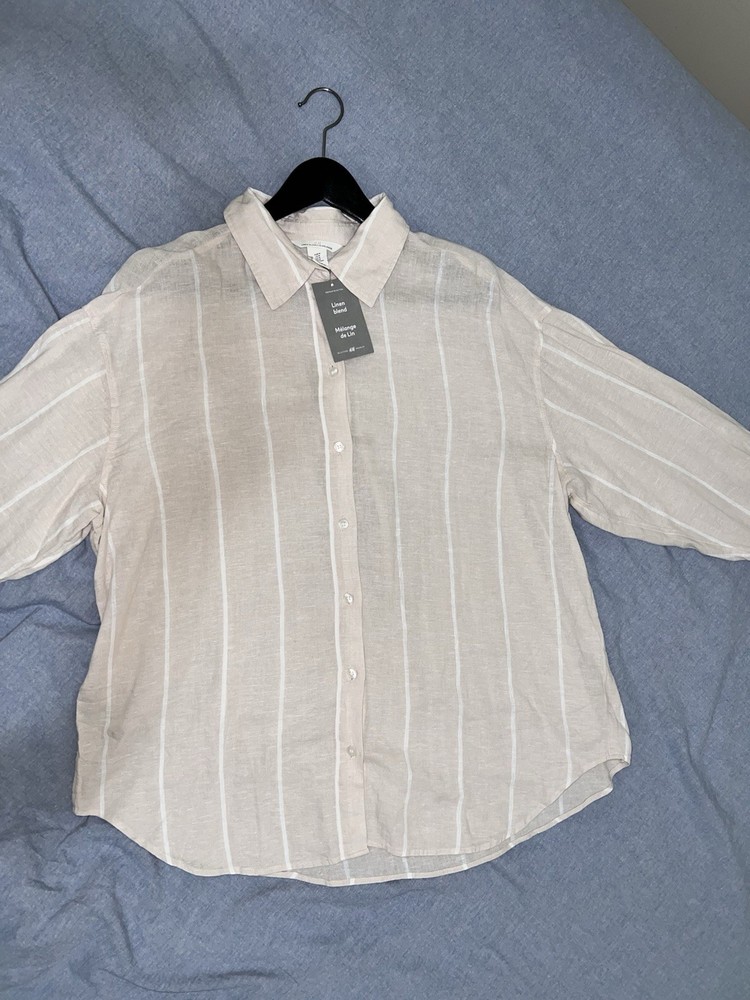H&M - Women’s Linen Blend Shirt Beige Long-sleeve Button-up Collared Size M New!