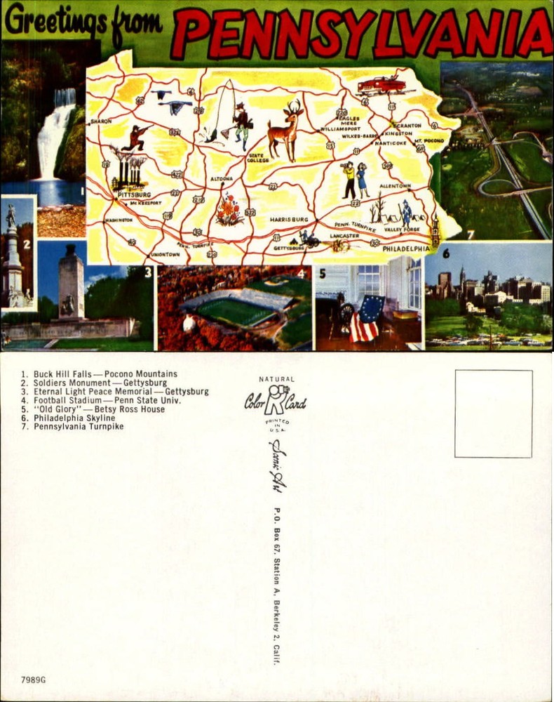 Greetings from Pennsylvania multi-view map postcard unused Turnpike