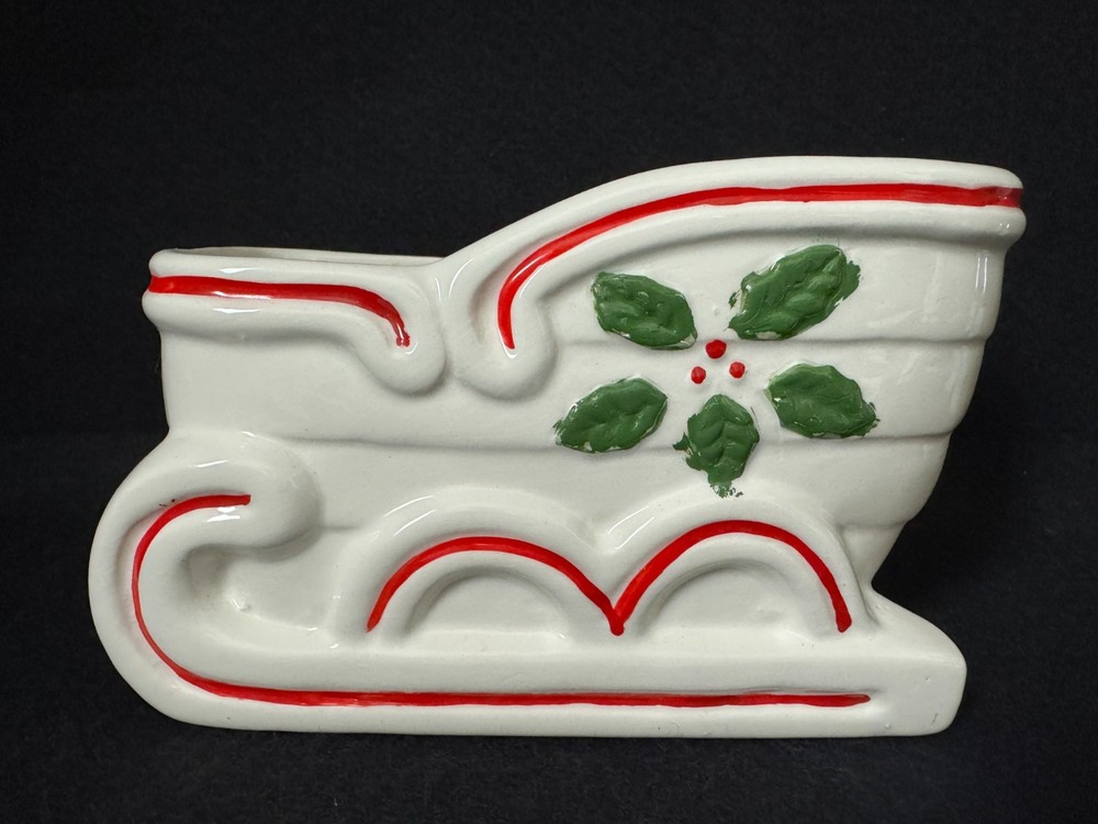 Vintage Christmas Planter Santa Sleigh White with Red Accent Holly & Berries-image