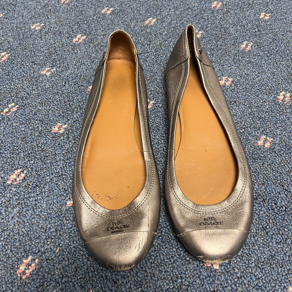 Coach Chelsea Ballet Flats Women 8.5B Metallic Round Cap Toe Silver Logo Shimmer