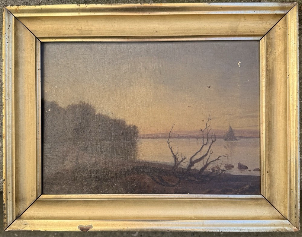 Antique Oil Painting Late 19th. Century: Coast Motif With Ship From Denmark