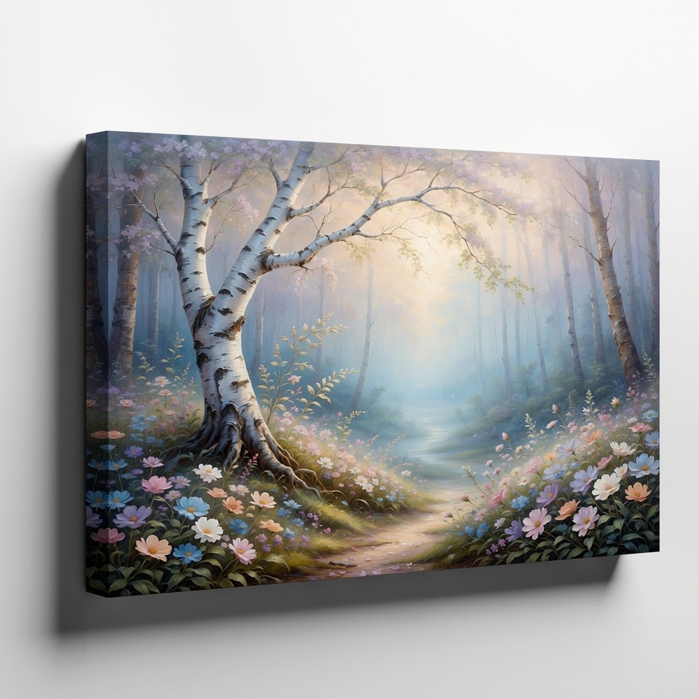Serene Forest Path Canvas Wall Art Floral Nature Scene with Birch Trees and Mist
