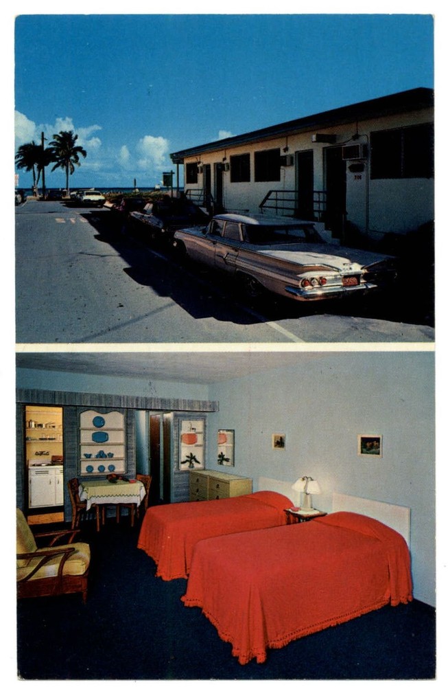 Hollywood Beach Florida Ocean Gate Motel room 1950-60s cars vintage postcard