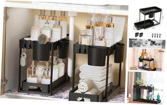 2 Pack Under Sink Organizers and Storage with Under Sink Mat, 2 Tier Black