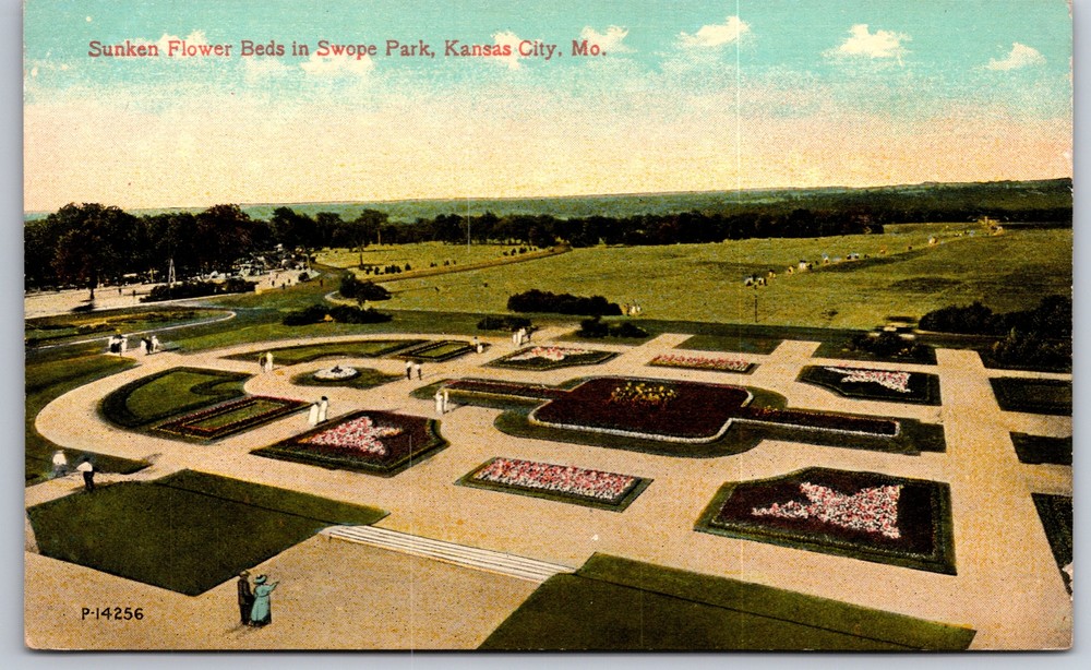 Kansas City Missouri~Birds Eye Sunken Flower Beds Swope Park~Vintage Postcard
