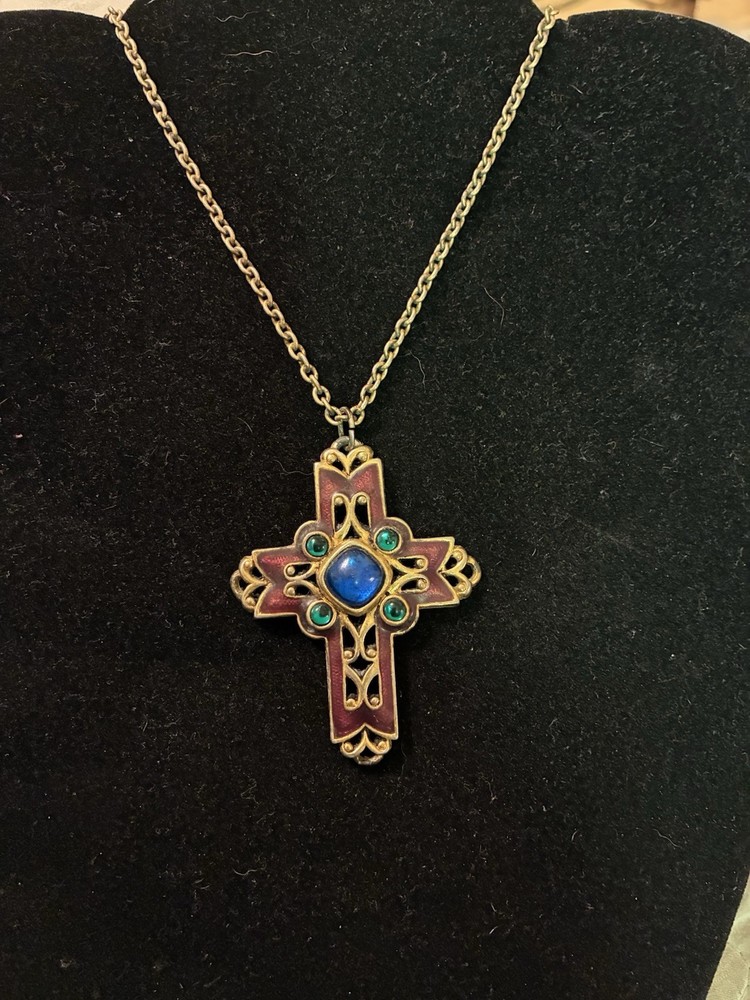 Vintage Signed Avon Gold Tone Purple Enamel Blue & Green Cabochon Cross Necklace