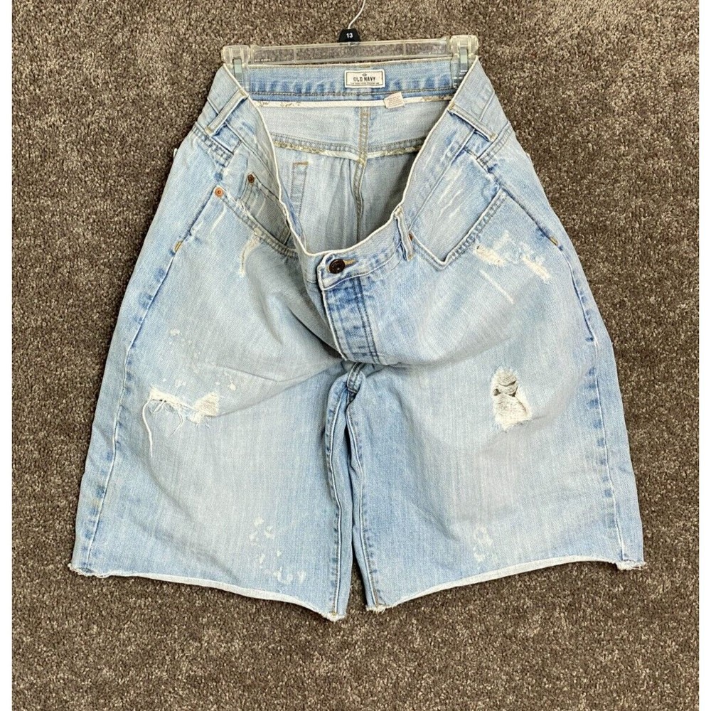 Old Navy Mens 40 Distressed Denim Shorts Light Wash Raw Hem Paint Splatter Y2K