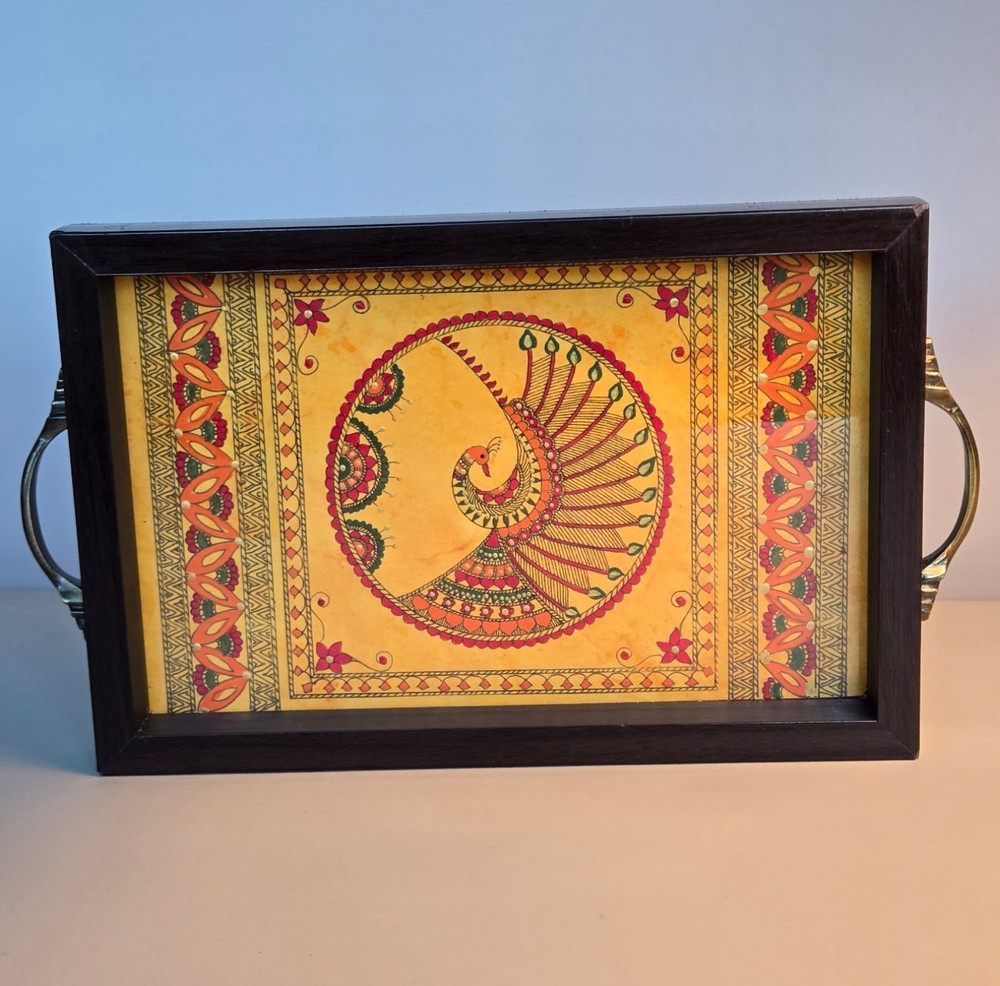 Hand Painte Serving Tray Wood Metal Handles Peacock Floral Design 11.25