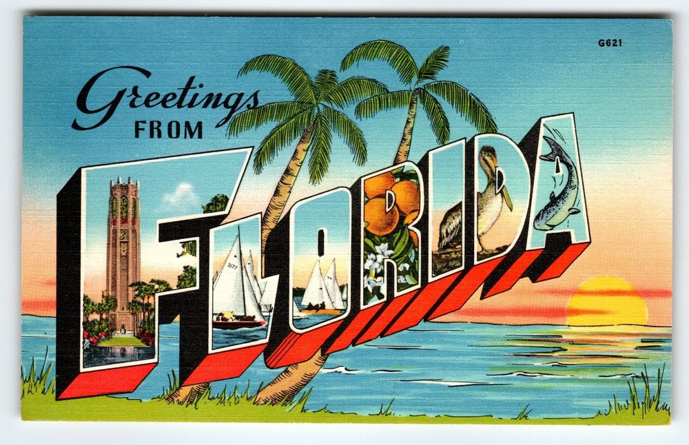 Vintage Linen 'Greetings From Florida' Large Letter Postcard Hartman Co.