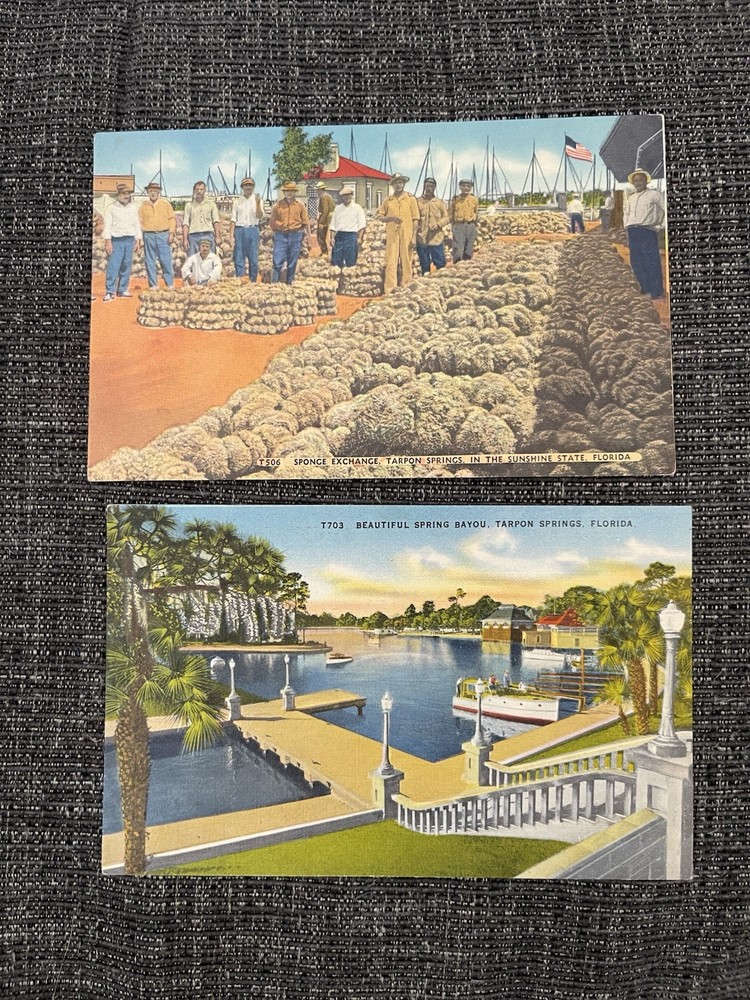 Linen Postcards Tarpon Springs, FL~ Sponge Exchange & Beautiful Spring Bayou