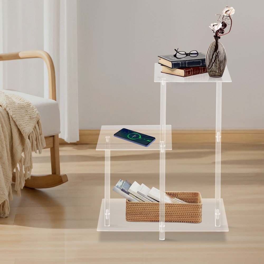 3-Tier Clear Square Side Table with Open Storage Shelf for Bedroom or Living Room