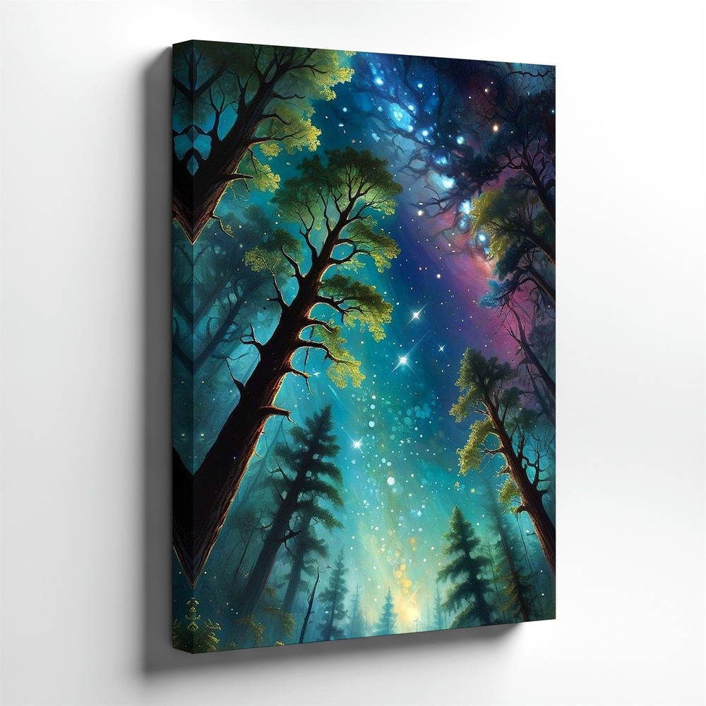 Wall Art Enchanted Forest Night Sky Canvas Print Celestial Trees Fantasy Decor