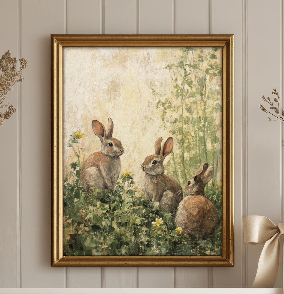 Vintage Bunny Wall Art Print, Muted Rabbits Spring Cottagecore Home Decor