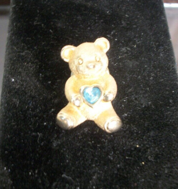 Vintage AVON Teddy Bear Pin Gold Tone w Turquoise Rhinestone Heart, Signed