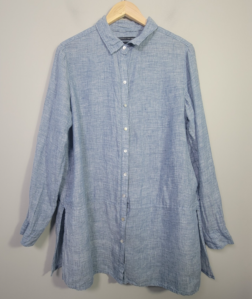 Tahari Womens L 100% Linen Tunic Shirt Blue Button Front