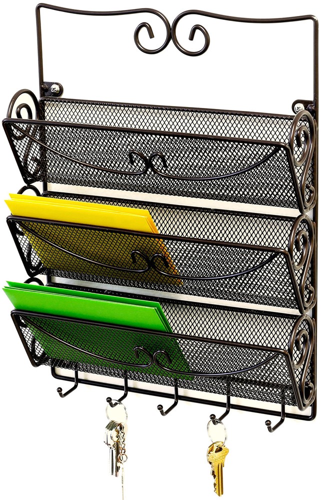 Wall Organizer with 5 Key Holder, 3 Tier, Bronze