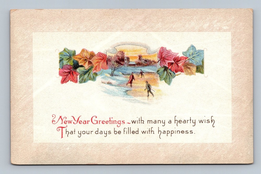 Vintage New Year Greetings Postcard with Winter Ice Skating Scene