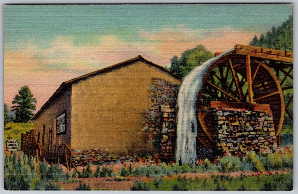 Vtg Linen Postcard Old Grist Mill Waterwheel Ruidoso, NM 1940s