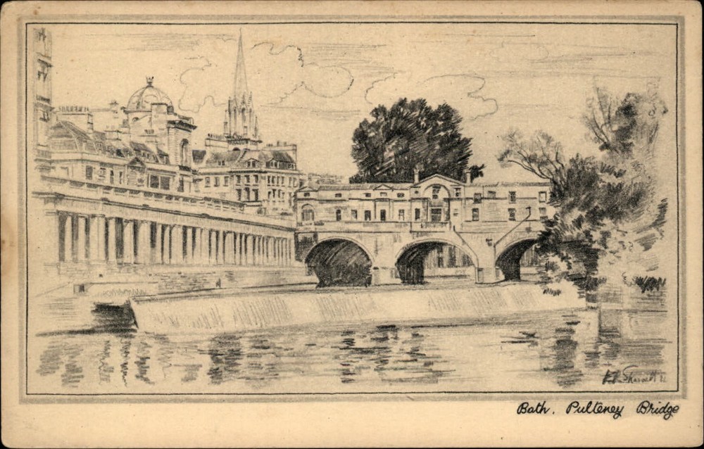Bath Somerset Co England Pulteney Bridge Penceilette artist signed art postcard