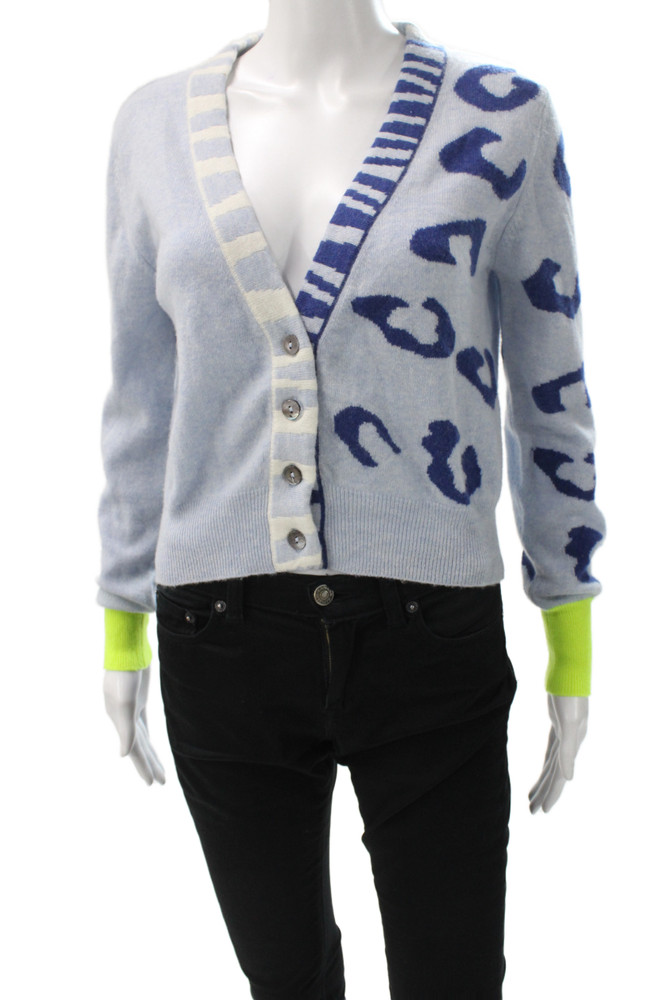 Brodie Women Cashmere Animal Print V Neck Cardigan Blue Long Sleeve Size XSFree Shipping in US $100+ Orders | $6.95 Orders Below
