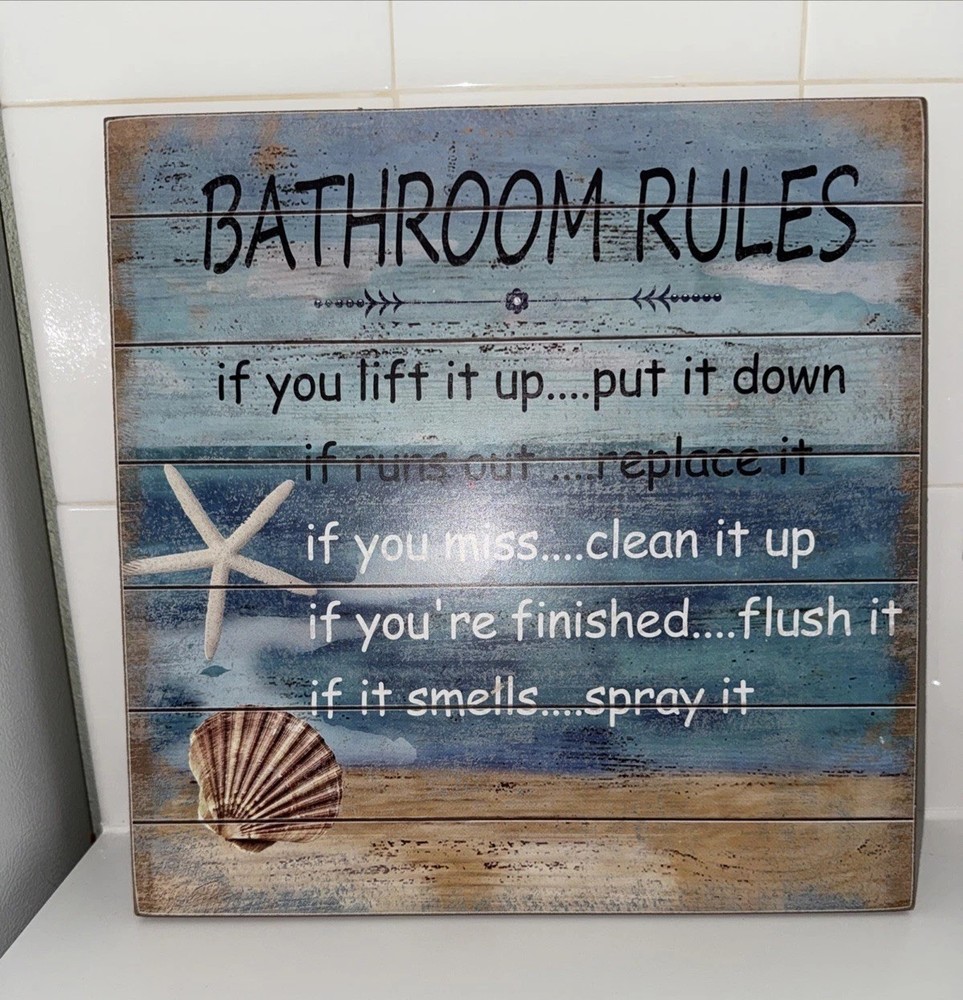 Bathroom Rules Wood Decor Sign, Toilet Rules, Hanging Printed Wooden Plaque Déco