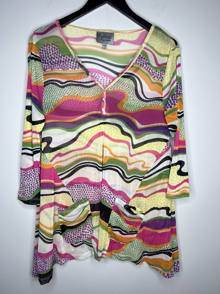 Lynn Ritchie Silver Top Womens L Abstract Mesh Art To Wear Y2K Sheer 3/4 Sleeve