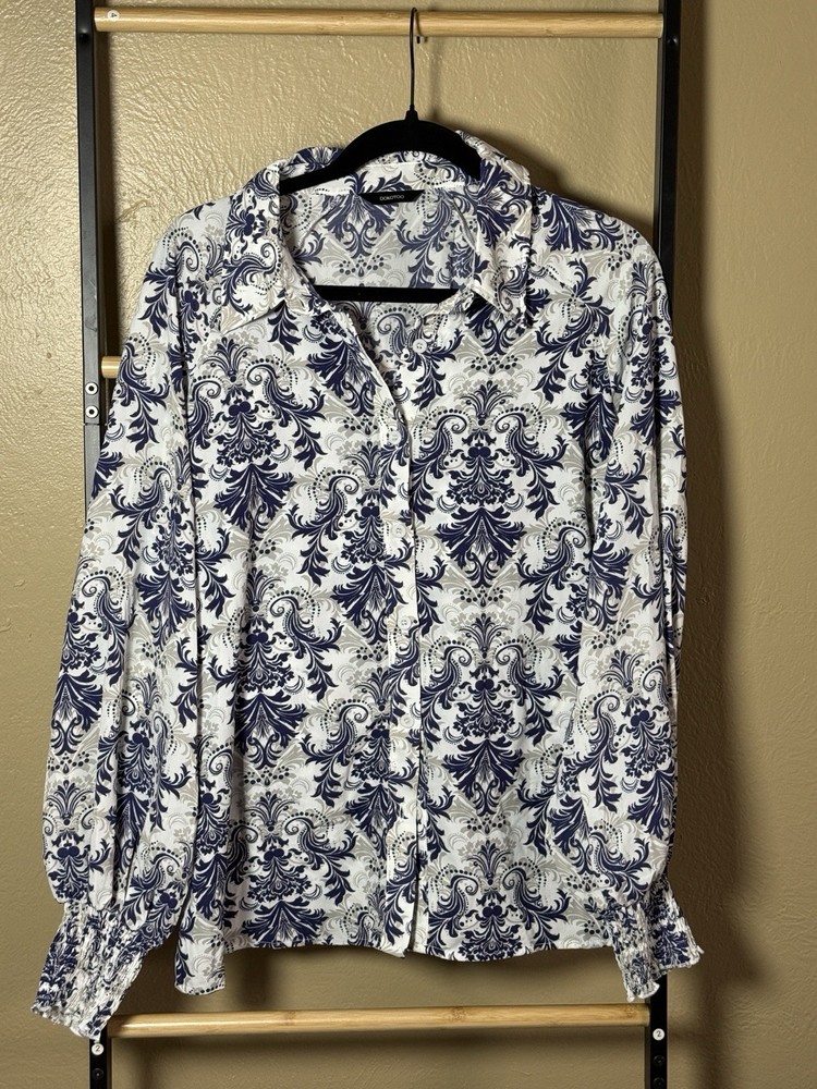 Dokotoo Floral Blouse Womens Large White Blue Long Sleeve Puff Sleeve Button Up