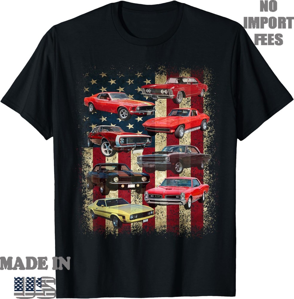 Vintage Classic Muscle Car Retro American Flag Patriotic T-Shirt, Kid Adult Tee