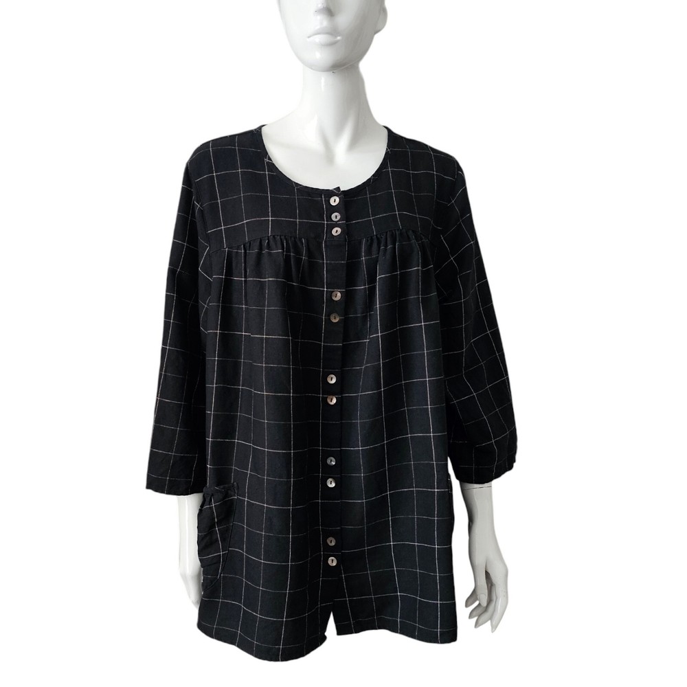 Gudrun Sjoden Black Linen Tunic Top Size L Organic Cotton Lagenlook