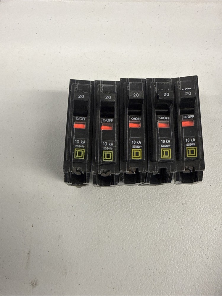 Lot of 5 Square D QOB120 20 AMP 1 Pole 120/240V Bolt-on Circuit Breaker 10KA