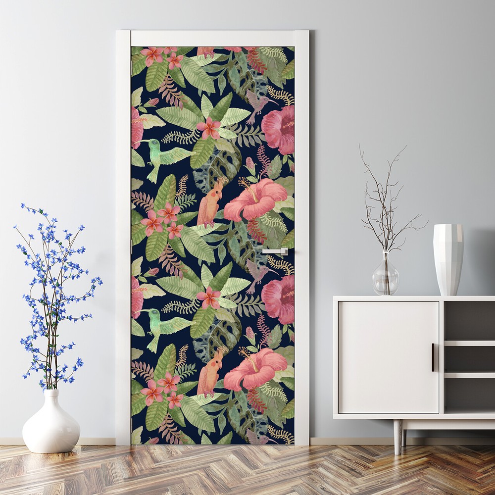 Adhesive Door sticker Parrot in Jungle Exotic Flowers and Birds Pattern Tropical