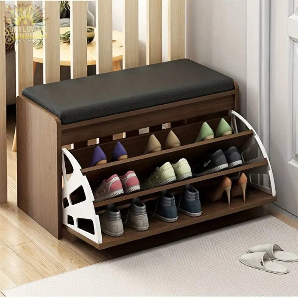 Solid Wood Shoe Bench with Cushion Seat