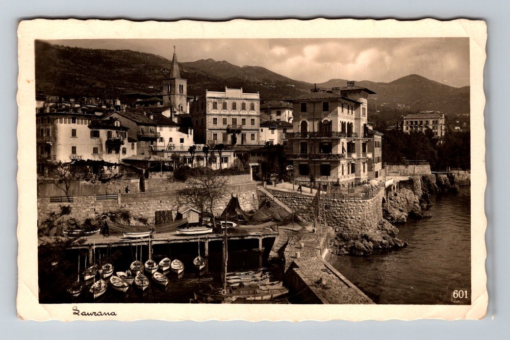 Italy- Laurana Harbor Boats Seaside Town Old Post Card View PC Vintage Postcard
