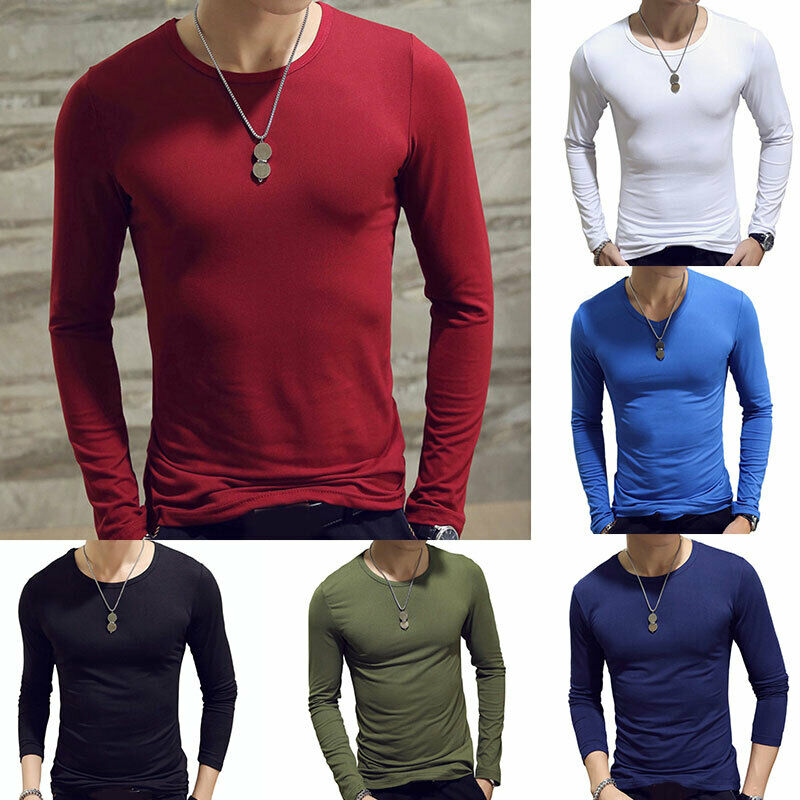 Mens Elastic Crew Neck Cotton T-Shirt Long Sleeve Solid Basic Tee Tops Pullover
